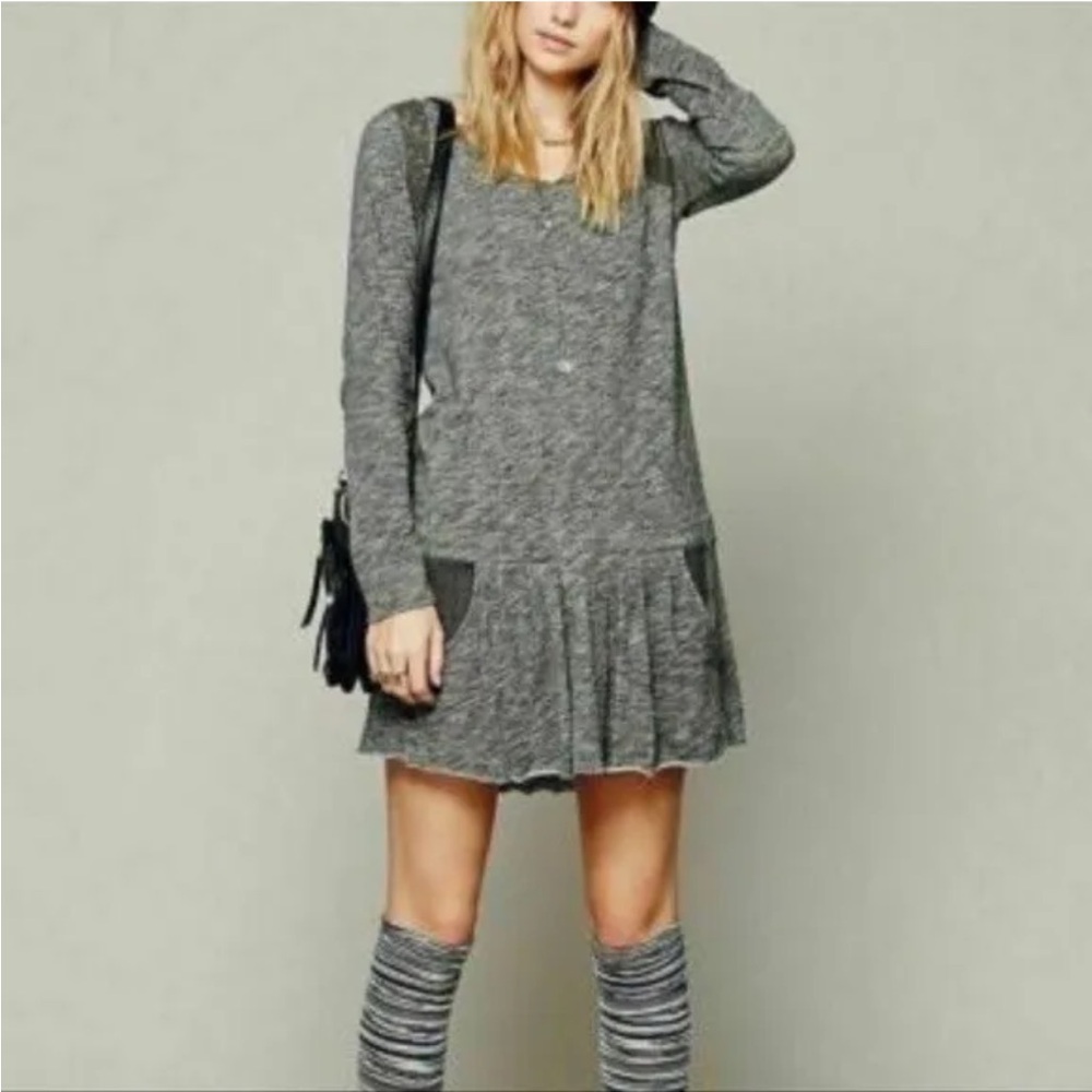 Free People Beach Gray Dropped Waist Boho Shirt Dress with Pockets Size XS